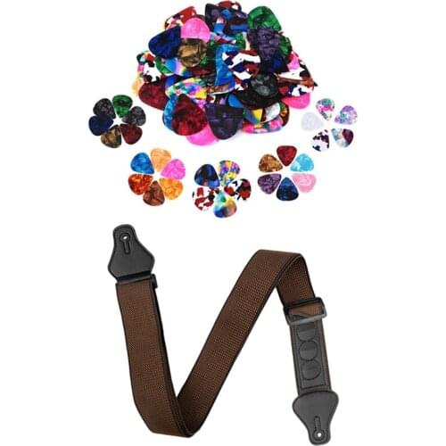 60 Pcs Colorful Guitar Picks, 0.46Mm, 0.71Mm, 0.96Mm & 1Pcs Guitar Strap With 3 Pick Holders For Bass Electric (Coffee)