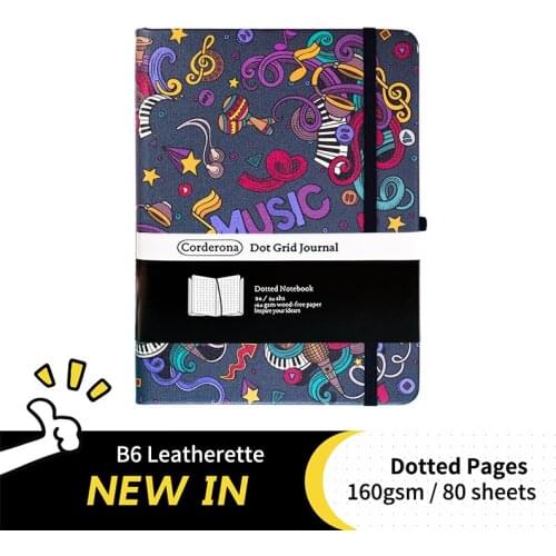 B6 Music Guitar Dotted Grid Bullet Notebook Hard Cover Leatherette Elastic Band Back Pocket Travel Journal Planner Diary