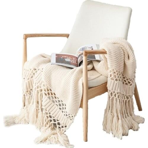 Boho Style Beige Hand Made Sofa Blanket Photo Props Tassel Weighted Blanket Air Conditioning Blanket Chunky Knitted Blanket