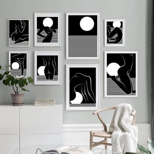 Black And White Nordic Posters And Prints Line Sexy Woman Moon Nude Body Wall Art Canvas Painting Pictures For Living Room Decor