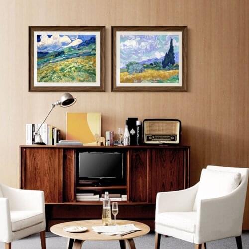 Home decor 2 panels art landscape canvas painting Wheatfield and Mountains, c.1889 with cypresses c.1889 by Vincent van Gogh