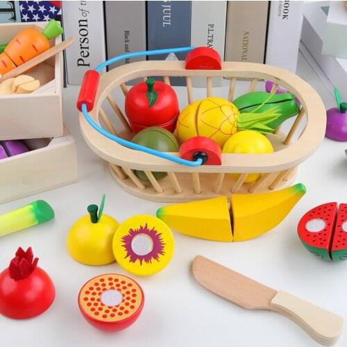 Simulation Vegetable/Fruits Cutting Set Wooden Toys For Kids Wood Tray/Basket Food Kitchen Toys Educational Girls Gift