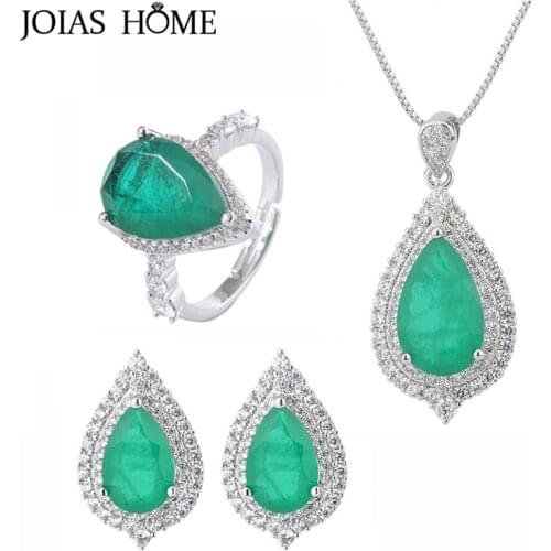 JoiasHome Silver 925 Jewelry Sets for Woman Ring Necklace Stud Earrings with Beryl Gemstone Trendy Fine Jewelry Wedding Party