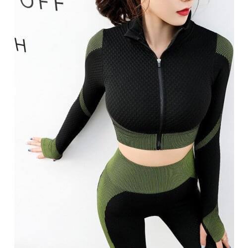 2 Pieces Yoga Set Seamless Leggings+Long Sleeve Shirt Women Gym Fitness Clothing With Zipper Sports Suit Sexy Slim Running Wear
