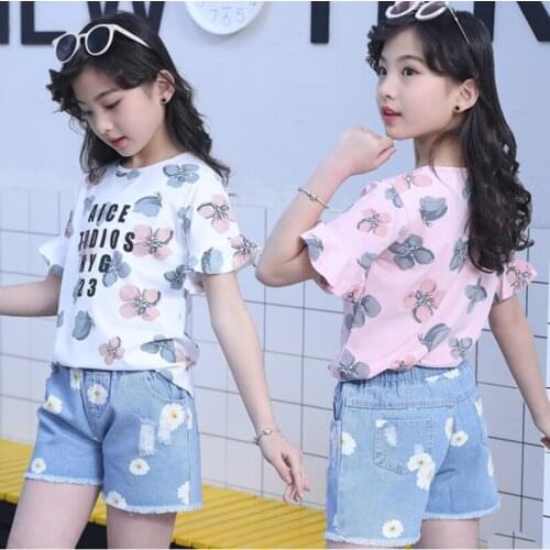 Cotton Summer Baby Children Denim Suits Girls T Shirt And Hot Shorts Sets Kids Cartoon Cute Clothes For 4 To 16 Years
