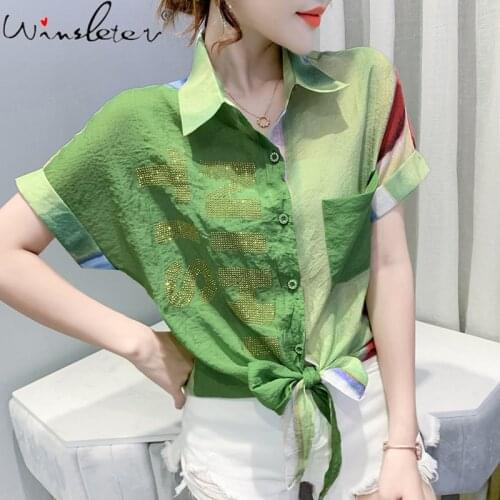 Summer European Clothes Patchwork Loose Long Blouse Sexy Rhinestone Pocket Womens Tops Short Sleeve Print Letter Shirts T17016A