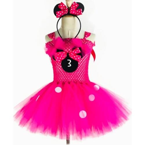 Cute Girls Pink Mickey Minnie Tutu Dress Baby Crochet Tulle Dress with White Dots and Hairbow Kids Birthday Party Cosplay Dress