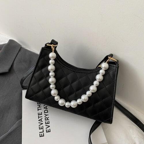 Fashion Lattice Pattern Women Messenger Handbag Pearl Handle Lady Portable PU Leather Shoulder Crossbody Tote Bags