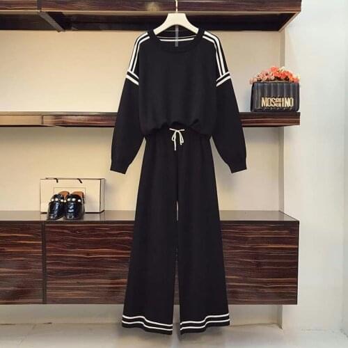Fashion Knitted Two-Piece Suits Women Spring Long Sleeve Contrast Color Knitwear Tops And Wide leg pants Pants Casual Tracksuit