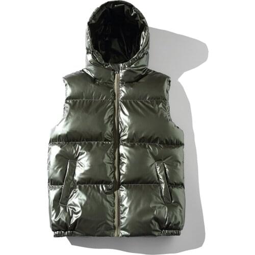 Mens Hooded Vest Quilted Glossy Cotton Padded Sleeveless Jacket Waistcoat New Autumn Winter