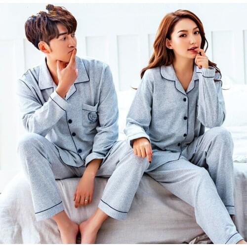 Autumn Couple Pajamas Cotton Suit Long-sleeved Striped Jacquard Pajamas Two-piece Casual Loose Cardigan Couples Home Service