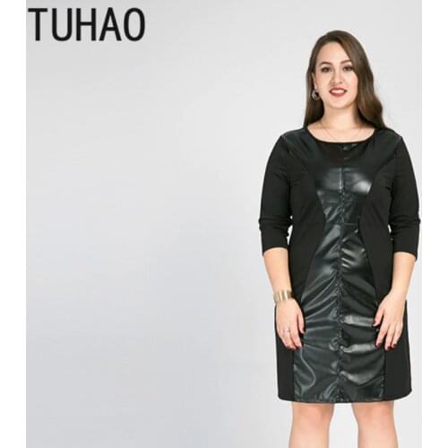 TUHAO Big Size 8XL 7XL 6XL Mother Mom PU Patchwork Dress Women Fashion Black Spring Dress Female Office Ladies Work Dresses WM50