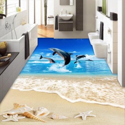 Custom 3D Floor Wallpaper Beach Shells Starfish Dolphin Living Room Bathroom Floor Sticker Decor Self-adhesive Mural Wallpaper