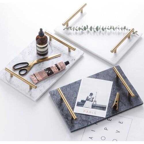 Natural stone plate Marble tray serving tray jewelry storage tray white marble plate grey marble dish home decor with goldhandle