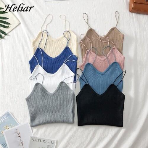 HELIAR Female Spaghetti Knitting Camisoles Sexy Solid Cotton Camisoles & tank women vest 2019 Summer Women V-Neck Crop Top Femme