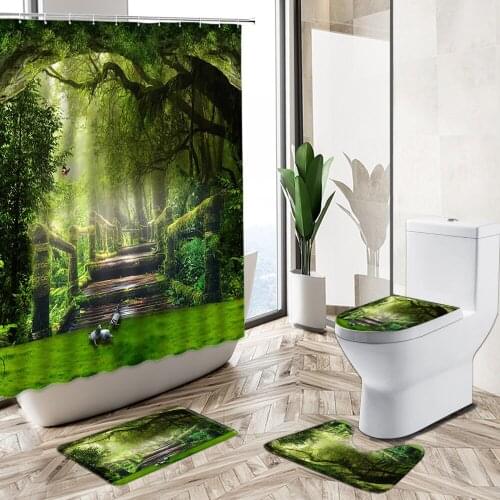 Landscape Shower Curtain Forest Trees Green Plants 3D Printing Waterproof Bathroom Bathtub Non-Slip Pedestal Rug Toilet Cover