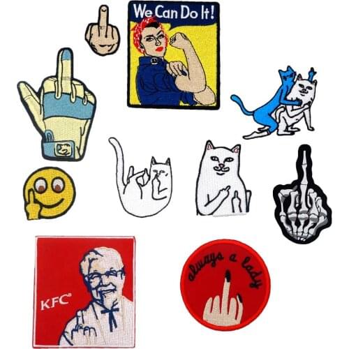 Funny MIDDLE FINGER Up SKULL cat Embroidered biker Patches hook and iron on backing