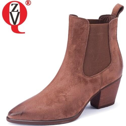 ZVQ Women winter Leisure short boots Retro Pumps Heels Genuine Leather Pointed Toe Solid color Fashion New Style Concise