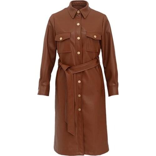 Retro brown handsome long pu leather trench coat women lapel single breasted windbreaker with belt