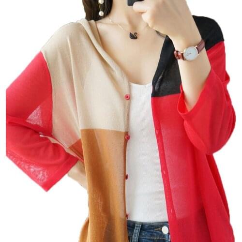2021 Womens Knitwear Flax Ice Silk Sun Protection Shirt Thin Cardigan Coats Loose Summer Color Block Tops With Hoodies Female
