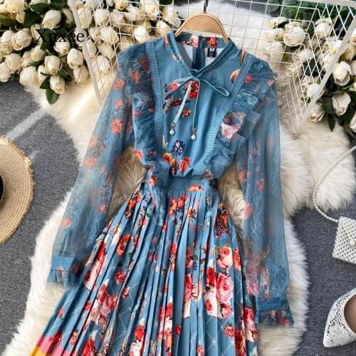 Spring Women Boho Floral Pleated Dress Design Lace Long Sleeve Ruffles A-Line Dress Autumn Retro Print Court Wind Midi Dresses
