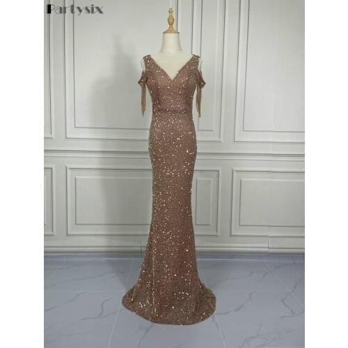 Partysix 2021 Women Sexy V Neck Spaghetti Straps Sequin Evening Dress Female Off Shoulder Elegant Party Dress