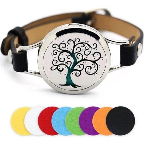 30mm Silver Magnetic Tree of Life Stainless Steel Aromatherapy Essential Oil Locket Bracelet Diffuser Locket Leather Bracelet