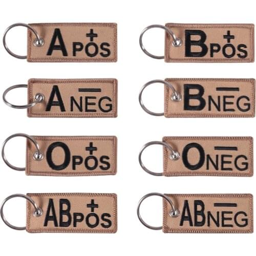 3D Embroidery Blood Type keychains for Group Tactical Military Badge Chapter A+B+AB+O+ Front POS Negative NEG Blood Type keyring
