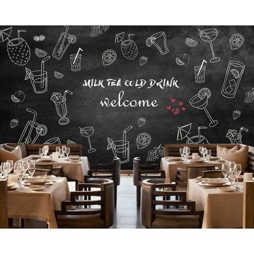Free Shipping Black Hand-Painted Cold Drink Tea Shop Background Wall Simple Restaurant Custom 3D Decoration Wallpaper Cafe Mural