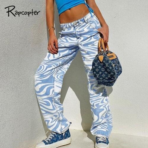 Rapcopter Zebra Printed Pants Blue Pockets Cargo Pants Woven 100% Cottton Women Straight Trousers Boyfriend Fashion Streetwear
