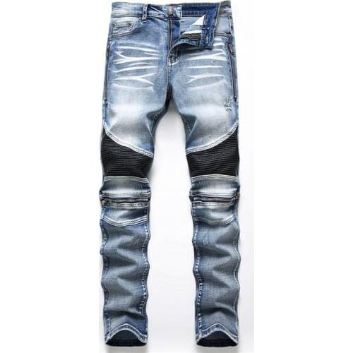 KIOVNO Fashion Men High Street Pleated Jeans Pants Slim Motorcycle Zipper Denim Trousers For Male Streetwear Washed