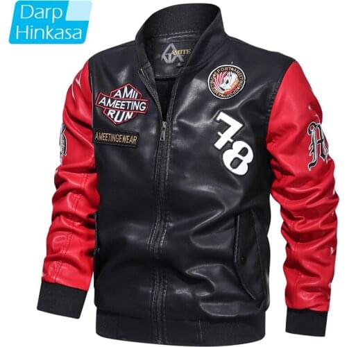 DARPHINKASA Men Casual Locomotive Stitching Wool Leather Jacket Men Fashion Locomotive Retro Warm Leather Jacket Men