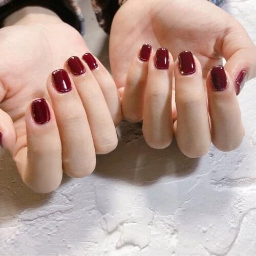 24pcs Short Burgundy Nail Extension Patch With Silver Brim False Nail Set Waterproof Nail Art Supplies With Glue SANA889