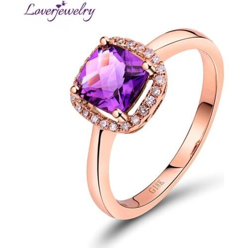Christmas NEW Cushion 6x6mm 18Kt Rose Gold Diamond Purple Amethyst Engagement Wedding Ring for Women SR0333