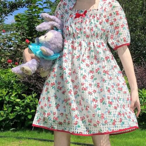 Short Sleeve Dress Women Pleated Bow Kawaii Retro Fashion Streetwear Ulzzang Students Square Collar Spliced Chic Elegant Slim