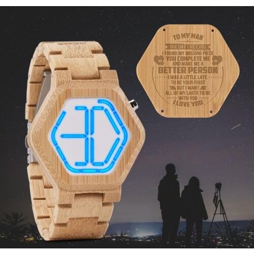 Reloj hombre BOBO BIRD LED Wood Quartz Watches Engrave Back Cover Digital Night Vision Calendar Wristwatch Minimal Time Display