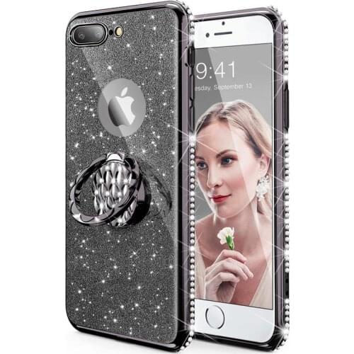 For IPhone Case 7 Plus Luxury 360 Degree Metal Ring Kickstand Phone Housing Glitter Diamond Ring Protect Phone Quality Case Red