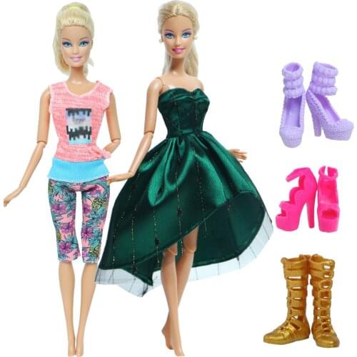 Handmade 5 Pcs Set Doll Accessories 2x Outfit Lace Dress Party Wear 3x High Heels Shoes Boots Clothes for Barbie Doll Kids Toy