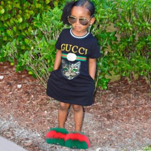 Wholesale Children Raccoon Fur Sandals Summer Fox Fur Slippers Kids Big Soft Fluffy Real Fur Slides Girls Fur Multi Slippers