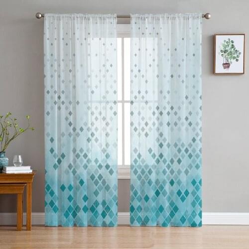 Indoor Tulle Curtains Blue Square Gradient Girls Bedroom Exquisite Voile Curtain Living Room Kitchen Chiffon Fabric Curtains
