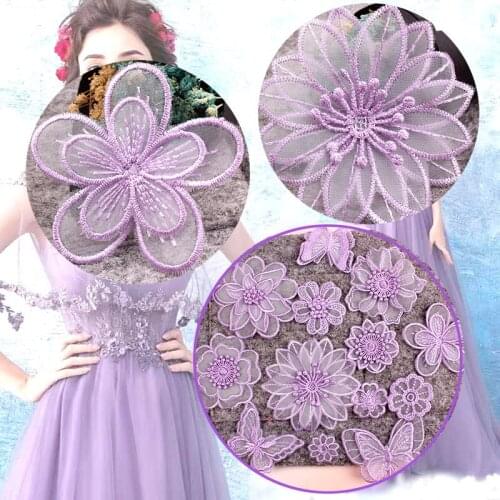 High Quality purple Lace Flower Butterfly Embroidered Iron on Patches for Clohting Organza Appliques Stripes Sexy Dress Sticker