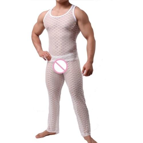 Mesh Pajamas Set Men Sleepwear Sleeveless Exotic Grid Singlet Fishnet T Shirt Thin Sleep Tops Undershirt Pants Bottoms Trousers