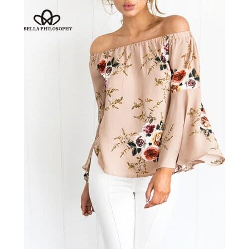 Bella Philosophy Off shoulder chiffon blouse shirt women Sexy summer white print blouse Casual flare sleeve cool blouse