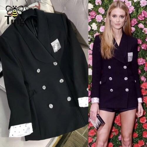 Tingfly Designer Runway Crystal Button Women Blazers Coat Double Breasted Black vs White Suit Overcoat Autumn Winter Outerwear
