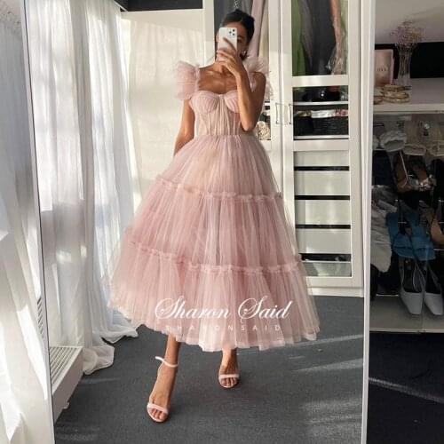 2021 Chic Pink Tulle Short Evening Prom Dresses for Women Wedding Party Cocktail Dress Ruffled Tea Length Midi Homecoming Gowns