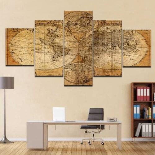 5 Piece Canvas Art Print Vintage Home Decor World Map Painting Calligraphy Ancient A Map of The World Retro Modular Pictures