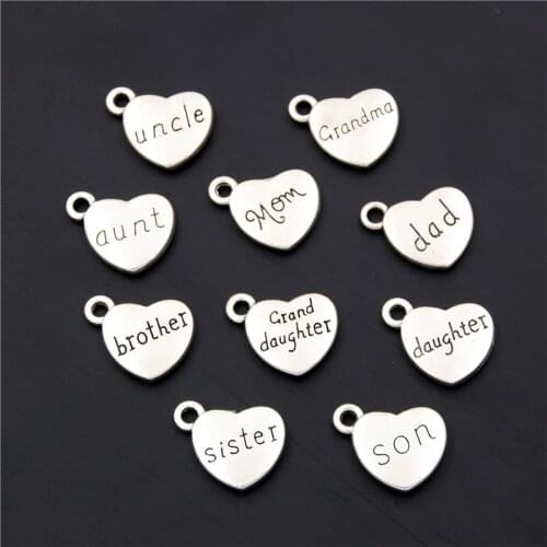 8pcs Silver Color Mom Dad Grandma Heart Charms Family Members Charms Bracelet Necklace Festival Jewelry Making Accessories DIY