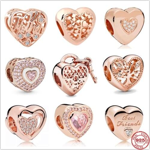 925 Sterling Silver Rose Gold Bead Openwork Family Tree Heart Beads Charm Fit Original Pandora Bracelet DIY Jewelry For Women