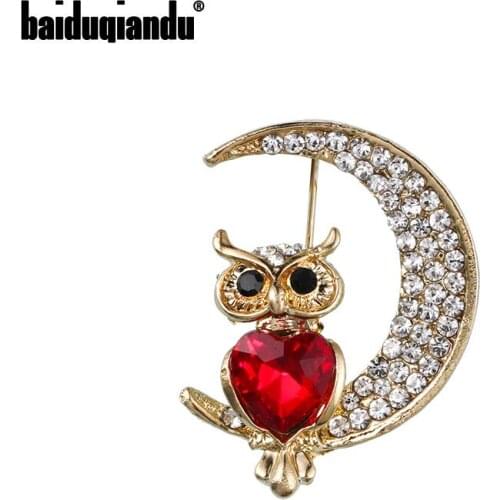 Baiduqiandu 2020 New Arrival Red Crystal Owl on the Moon Fashion Brooch Jewelry for Women