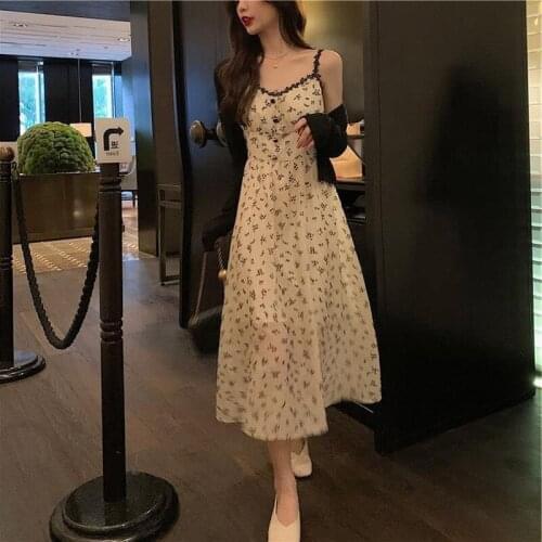 Bella 2021 New Summer Spaghetti Strap Floral Dress Women Slim Sleeveless Flower Midi Vintage Dress Party Boho Dress Korean dress